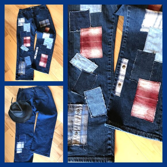 Flannel Patchwork Jeans, Size 16: Upcycled Distressed Denim & Plaid, Funky Pants - Picture 11 of 11